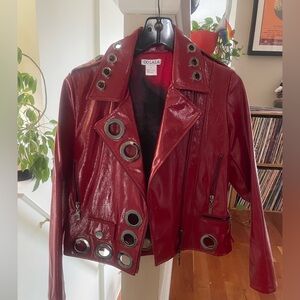 Red faux leather moto jacket XS